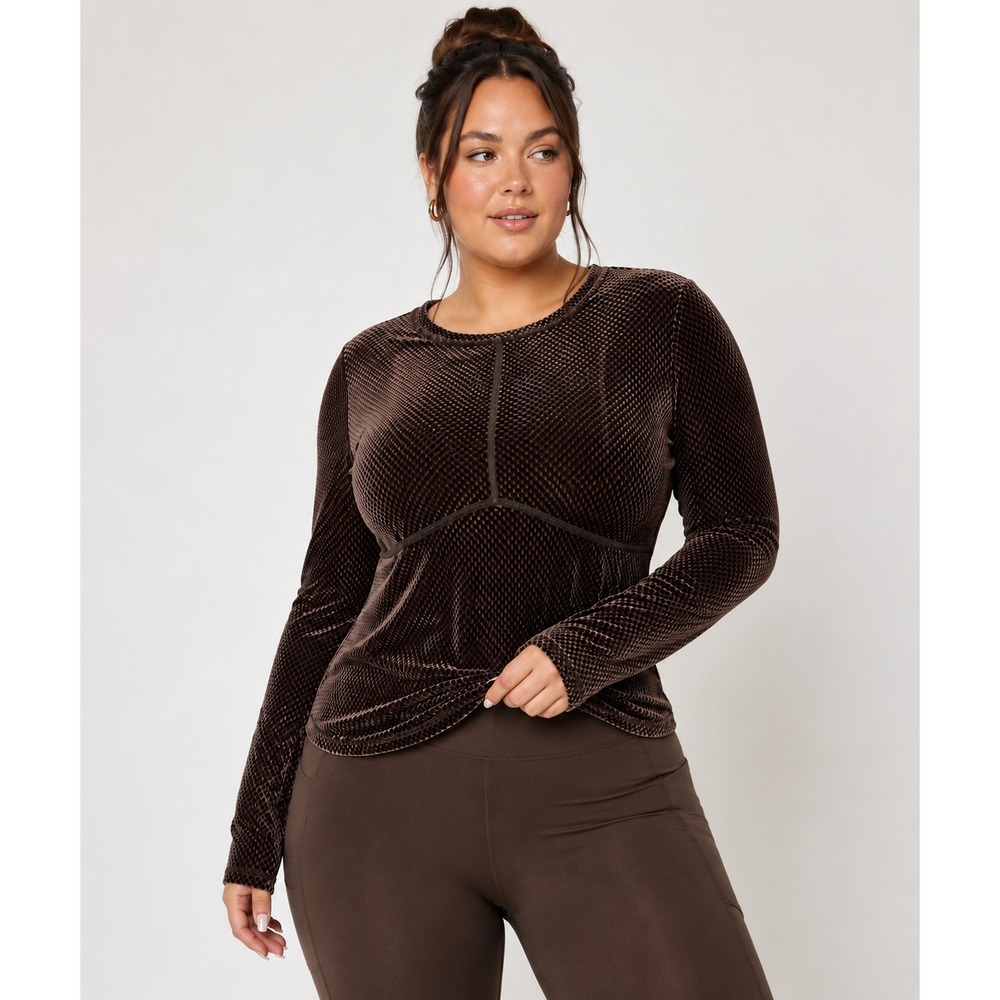 Fabletics Top Womens Long Sleeve Brown XXL 1X Textured Pullover Velour Seamed